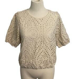 Urban Romantics Women’s 100%‎ Cotton Eyelet Top Cream Short Sleeve Size Large
